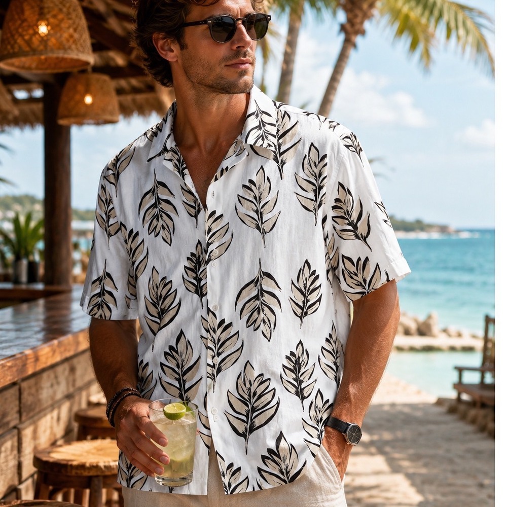 H&M Men's Hawaiian Button Up Shirt XXL Linen Blend‎ Short Sleeve Palm Resort NWT